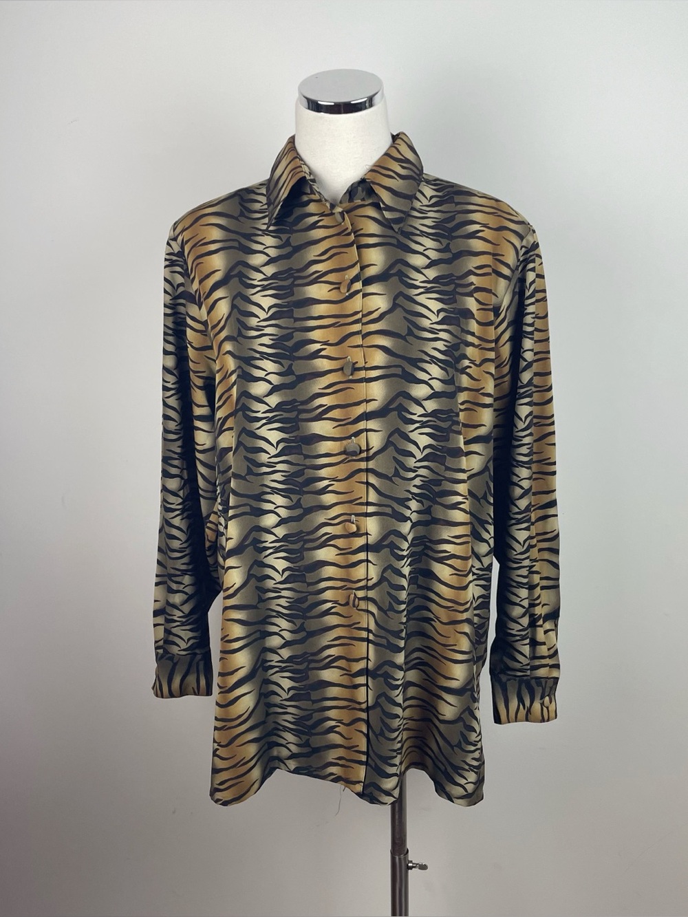Liz Baker Essentials Vintage Animal Print Zebra Brown Black Blouse Top Large